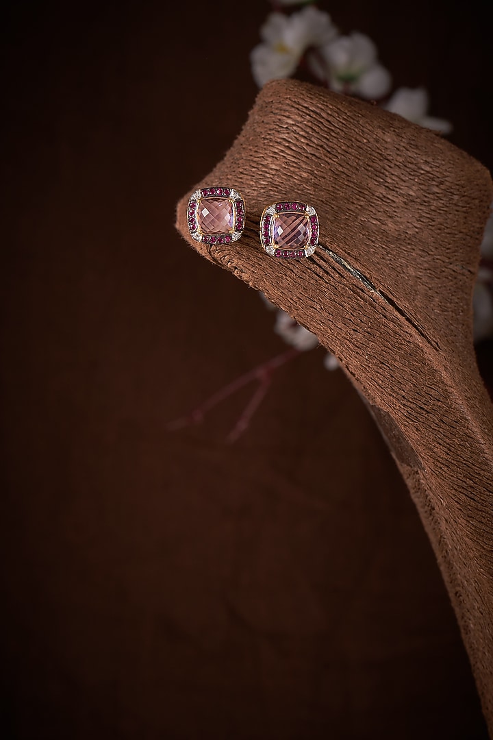 Gold Finish Moissanite Polki Stud Earrings In Sterling Silver by Hunar at Pernia's Pop Up Shop