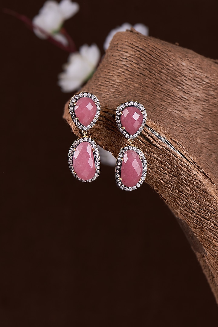Gold Finish Moissanite Polki & Pink Stone Dangler Earrings In Sterling Silver by Hunar at Pernia's Pop Up Shop