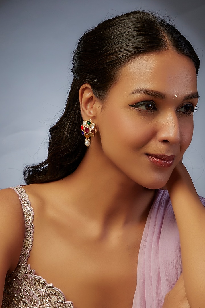 Gold Finish Moissanite Polki Stud Earrings In Sterling Silver by Hunar at Pernia's Pop Up Shop