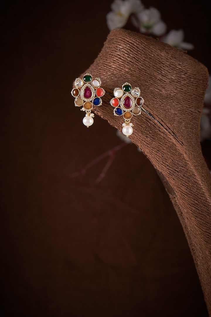 Gold Finish Moissanite Polki Stud Earrings In Sterling Silver by Hunar at Pernia's Pop Up Shop