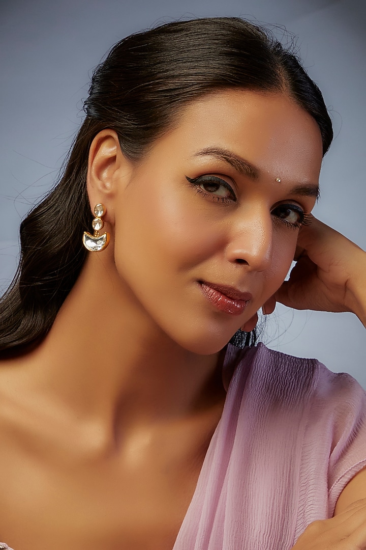 Gold Finish Moissanite Polki Stud Earrings In Sterling Silver by Hunar at Pernia's Pop Up Shop