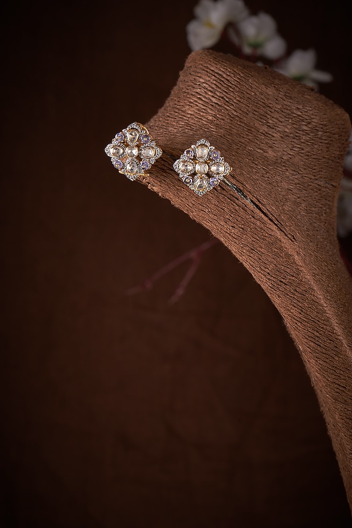 Gold Finish Moissanite Polki Stud Earrings In Sterling Silver by Hunar at Pernia's Pop Up Shop