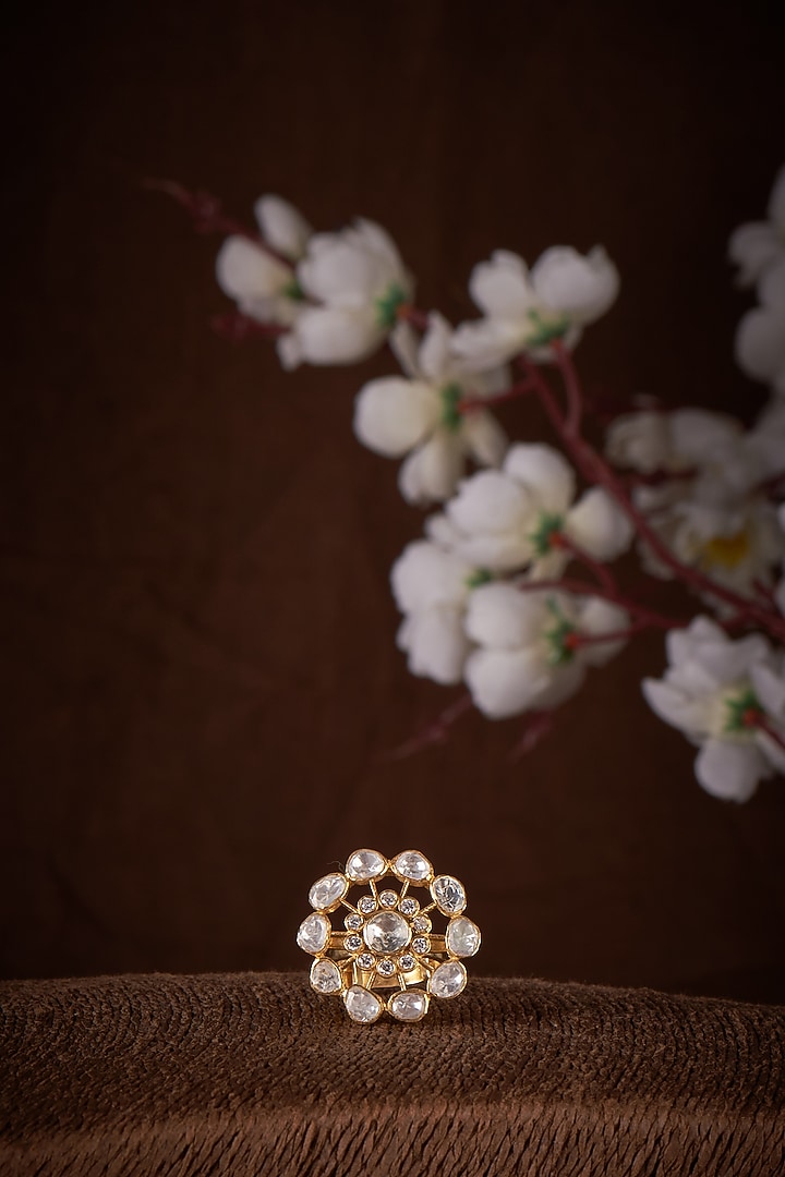 Gold Finish Moissanite Polki Ring In Sterling Silver by Hunar at Pernia's Pop Up Shop