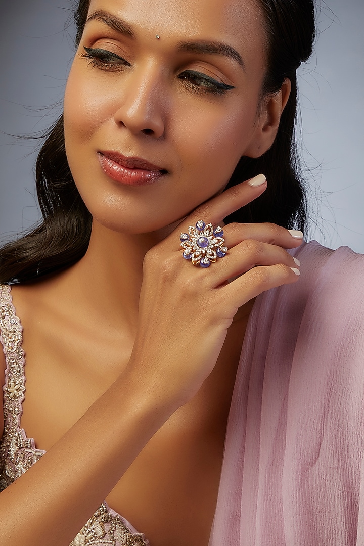 Gold Finish Moissanite Polki Ring In Sterling Silver by Hunar at Pernia's Pop Up Shop