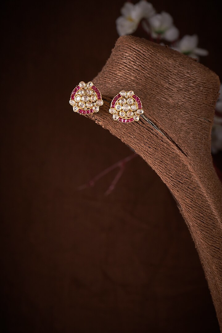 Gold Finish Moissanite Polki & Red Stone Stud Earrings In Sterling Silver by Hunar at Pernia's Pop Up Shop
