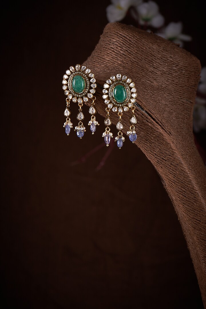 Gold Finish Moissanite Polki Dangler Earrings In Sterling Silver by Hunar at Pernia's Pop Up Shop
