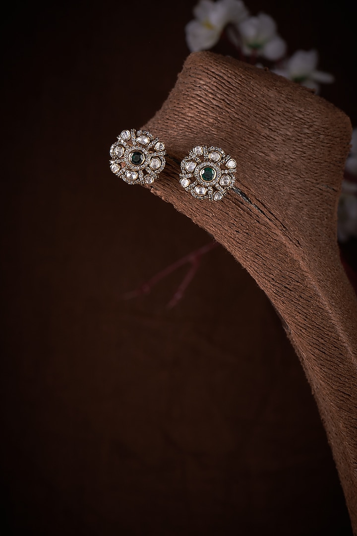Gold Finish Moissanite Polki Stud Earrings In Sterling Silver by Hunar at Pernia's Pop Up Shop
