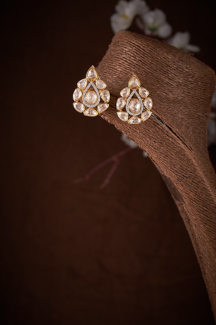 Gold Finish Moissanite Polki Stud Earrings In Sterling Silver by Hunar at Pernia's Pop Up Shop