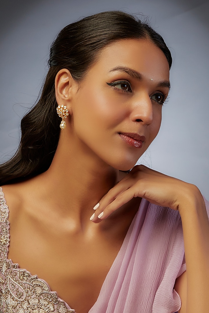Gold Finish Moissanite Polki Stud Earrings In Sterling Silver by Hunar at Pernia's Pop Up Shop