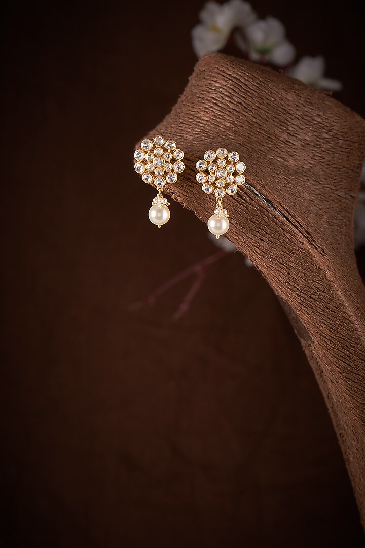 Gold Finish Moissanite Polki Stud Earrings In Sterling Silver by Hunar at Pernia's Pop Up Shop