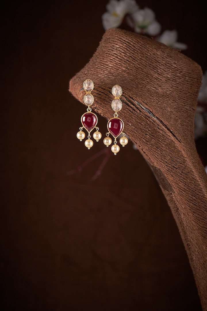 Gold Finish Moissanite Polki & Red Stone Dangler Earrings In Sterling Silver by Hunar at Pernia's Pop Up Shop