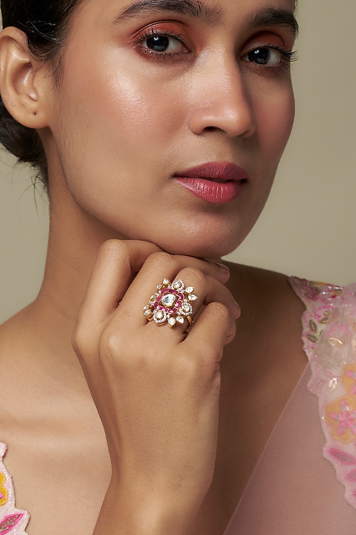 Gold Finish Moissanite Polki & Ruby Ring In Sterling Silver by Hunar at Pernia's Pop Up Shop