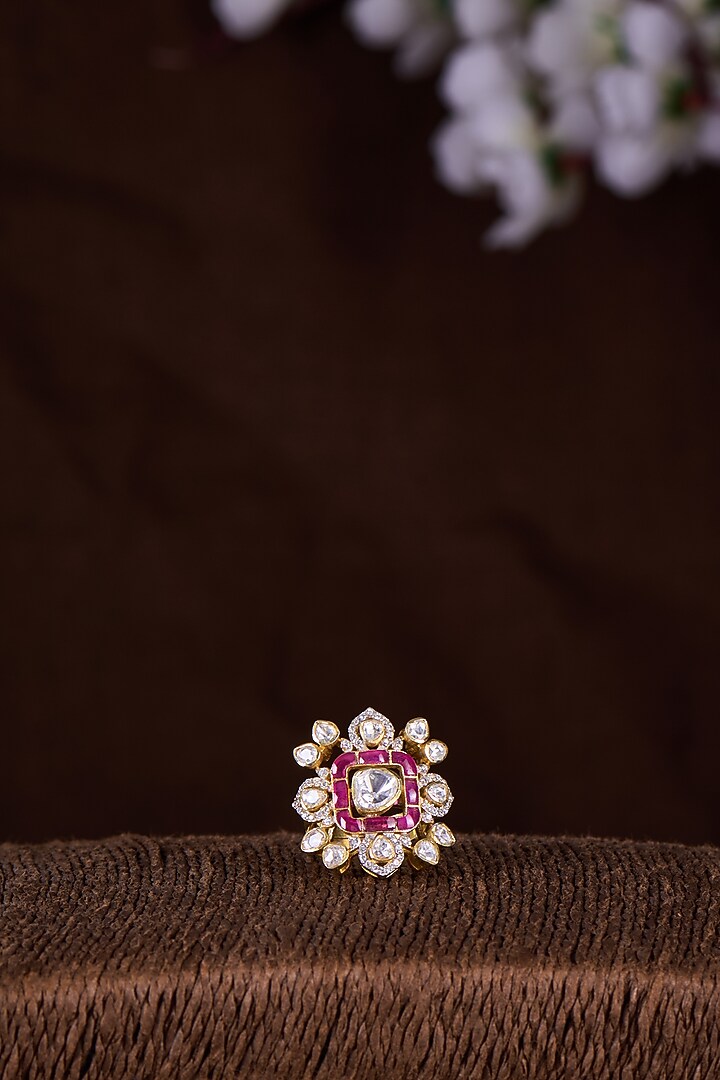 Gold Finish Moissanite Polki & Ruby Ring In Sterling Silver by Hunar at Pernia's Pop Up Shop