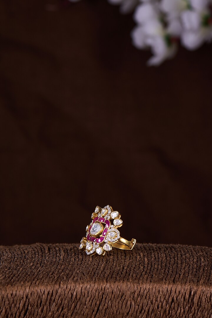 Gold Finish Moissanite Polki & Ruby Ring In Sterling Silver by Hunar at Pernia's Pop Up Shop