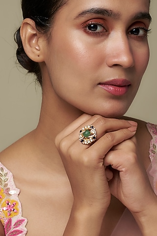 Gold Finish Moissanite Polki & Green Stone Ring In Sterling Silver by Hunar