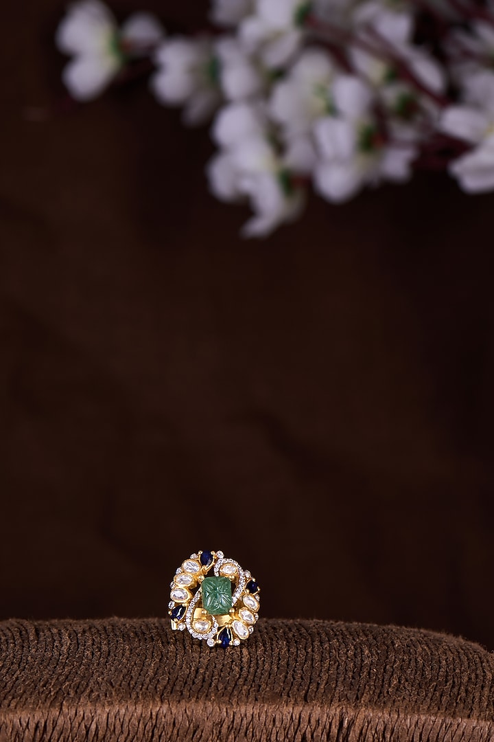 Gold Finish Moissanite Polki & Green Stone Ring In Sterling Silver by Hunar at Pernia's Pop Up Shop