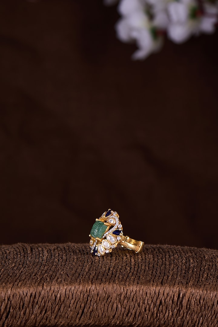 Gold Finish Moissanite Polki & Green Stone Ring In Sterling Silver by Hunar at Pernia's Pop Up Shop
