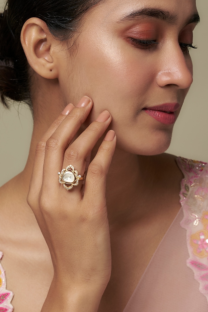 Gold Finish Moissanite Polki Ring In Sterling Silver by Hunar at Pernia's Pop Up Shop