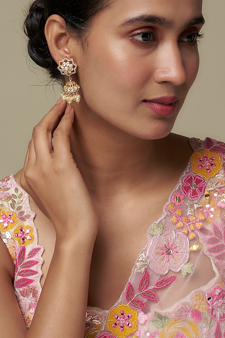 Gold Finish Moissanite Polki Jhumka Earrings In Sterling Silver by Hunar at Pernia's Pop Up Shop