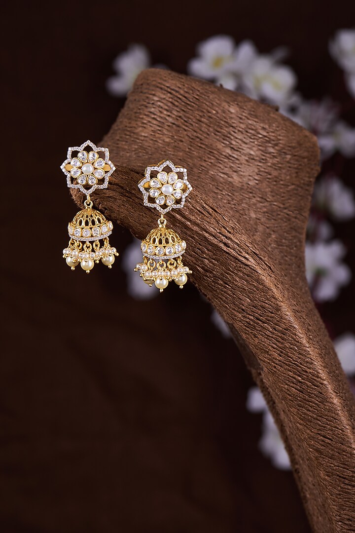 Gold Finish Moissanite Polki Jhumka Earrings In Sterling Silver by Hunar at Pernia's Pop Up Shop