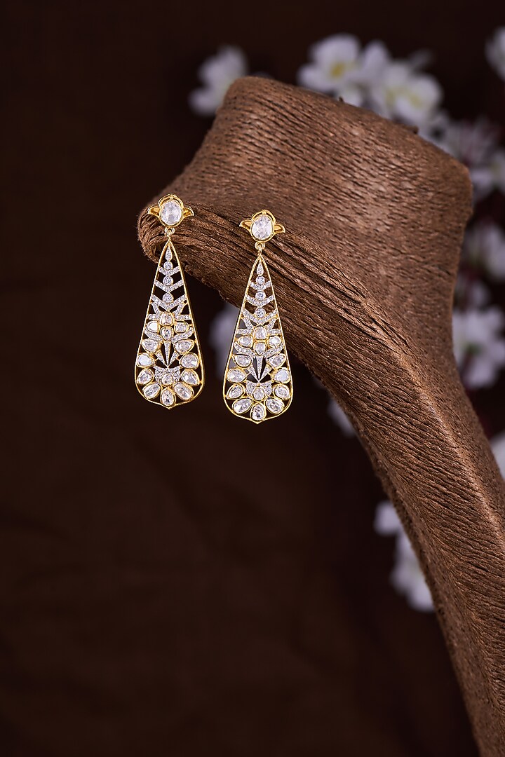 Gold Finish Moissanite Polki Dangler Earrings In Sterling Silver by Hunar at Pernia's Pop Up Shop
