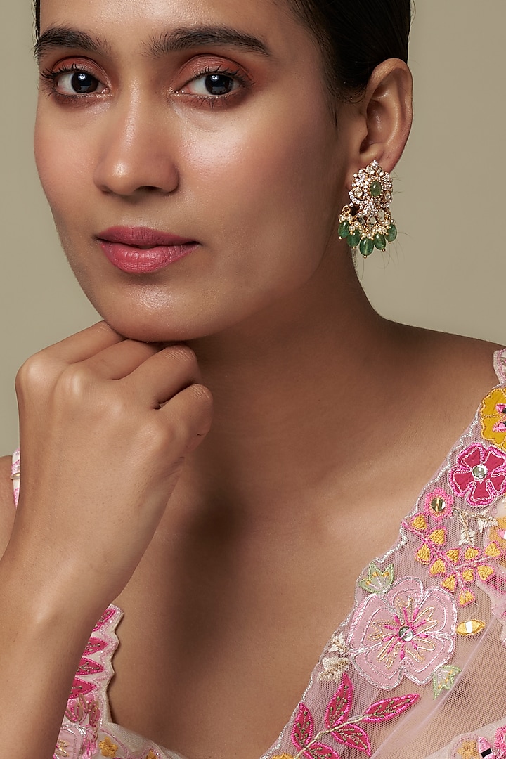 Gold Finish Moissanite Polki & Green Stone Dangler Earrings In Sterling Silver by Hunar at Pernia's Pop Up Shop