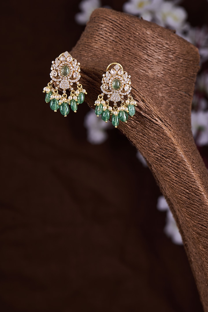 Gold Finish Moissanite Polki & Green Stone Dangler Earrings In Sterling Silver by Hunar at Pernia's Pop Up Shop