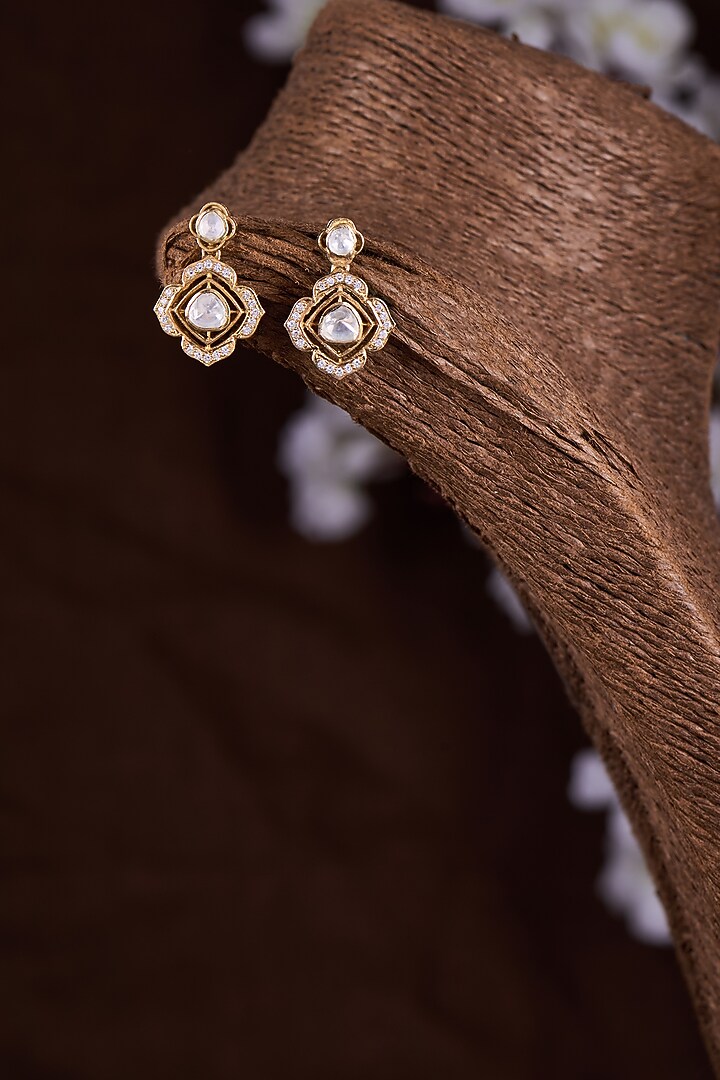 Gold Finish Moissanite Polki Dangler Earrings In Sterling Silver by Hunar at Pernia's Pop Up Shop