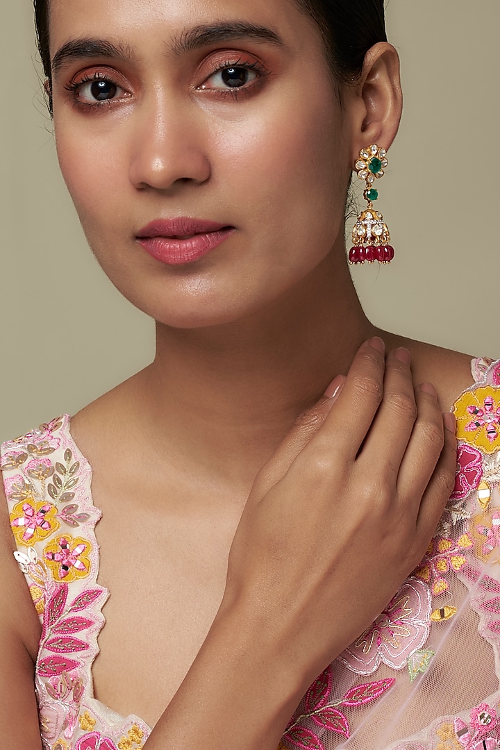 Gold Finish Moissanite Polki & Multi-Colored Stone Jhumka Earrings In Sterling Silver by Hunar at Pernia's Pop Up Shop