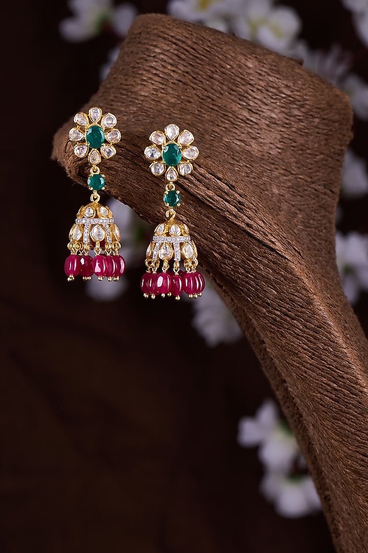 Gold Finish Moissanite Polki & Multi-Colored Stone Jhumka Earrings In Sterling Silver by Hunar at Pernia's Pop Up Shop