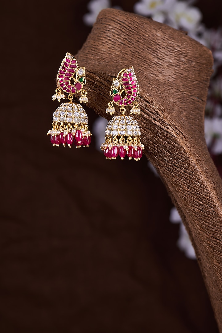 Gold Finish Moissanite Polki & Red Stone Jhumka Earrings In Sterling Silver by Hunar at Pernia's Pop Up Shop
