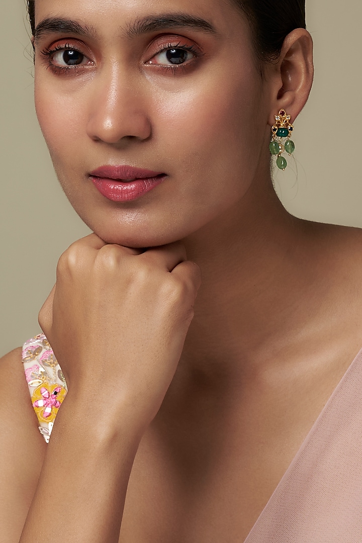 Gold Finish Moissanite Polki & Green Stone Dangler Earrings In Sterling Silver by Hunar at Pernia's Pop Up Shop