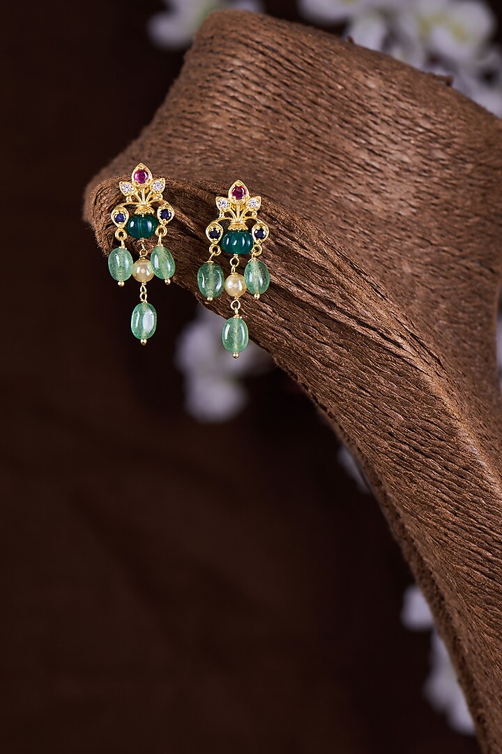 Gold Finish Moissanite Polki & Green Stone Dangler Earrings In Sterling Silver by Hunar at Pernia's Pop Up Shop