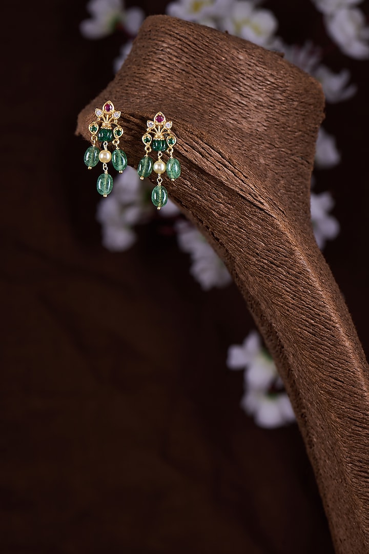 Gold Finish Moissanite Polki & Green Stone Dangler Earrings In Sterling Silver by Hunar at Pernia's Pop Up Shop