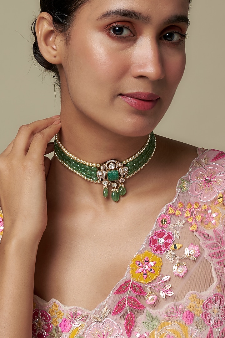 Gold Finish Moissanite Polki & Green Stone Choker Necklace In Sterling Silver by Hunar at Pernia's Pop Up Shop