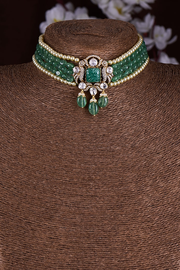Gold Finish Moissanite Polki & Green Stone Choker Necklace In Sterling Silver by Hunar at Pernia's Pop Up Shop