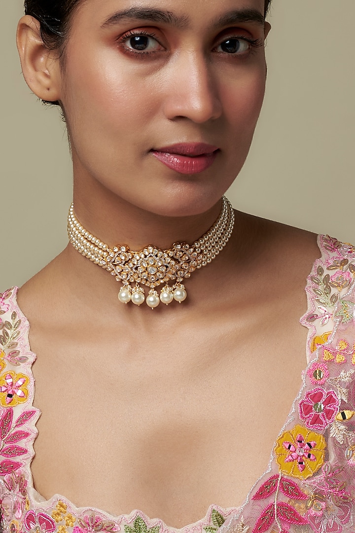 Gold Finish Moissanite Polki Choker Necklace In Sterling Silver by Hunar at Pernia's Pop Up Shop