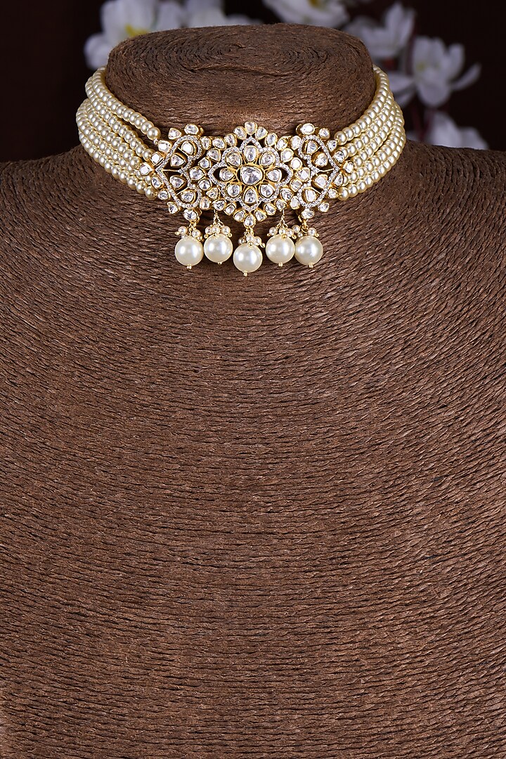 Gold Finish Moissanite Polki Choker Necklace In Sterling Silver by Hunar at Pernia's Pop Up Shop