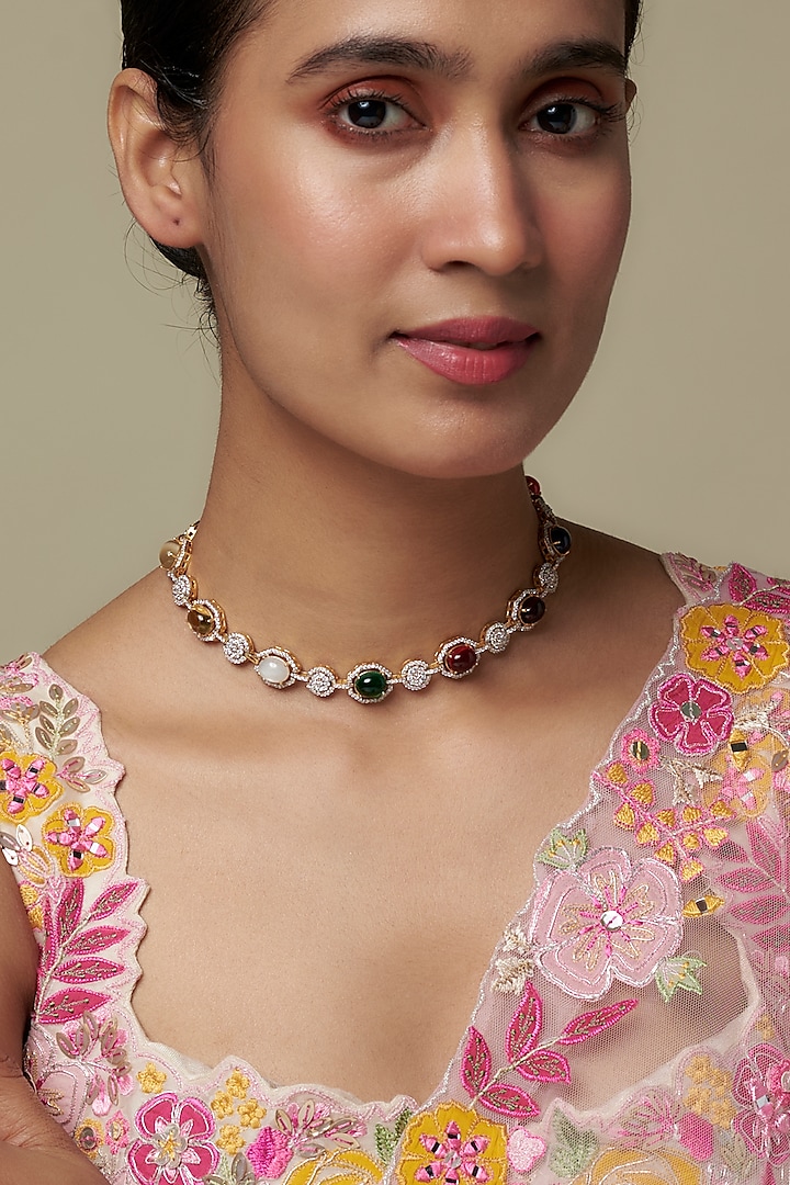 Gold Finish Moissanite Polki & Multi-Colored Stone Necklace In Sterling Silver by Hunar at Pernia's Pop Up Shop