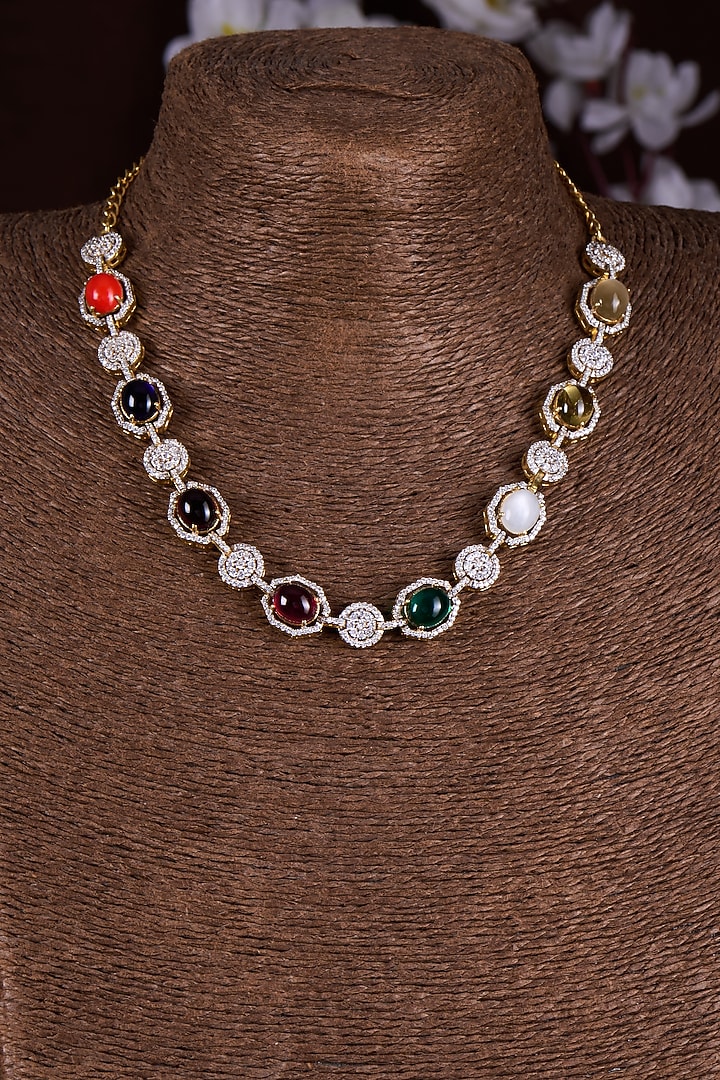 Gold Finish Moissanite Polki & Multi-Colored Stone Necklace In Sterling Silver by Hunar at Pernia's Pop Up Shop