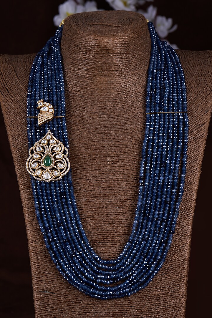 Gold Finish Moissanite Polki & Blue Stone Long Necklace In Sterling Silver by Hunar at Pernia's Pop Up Shop