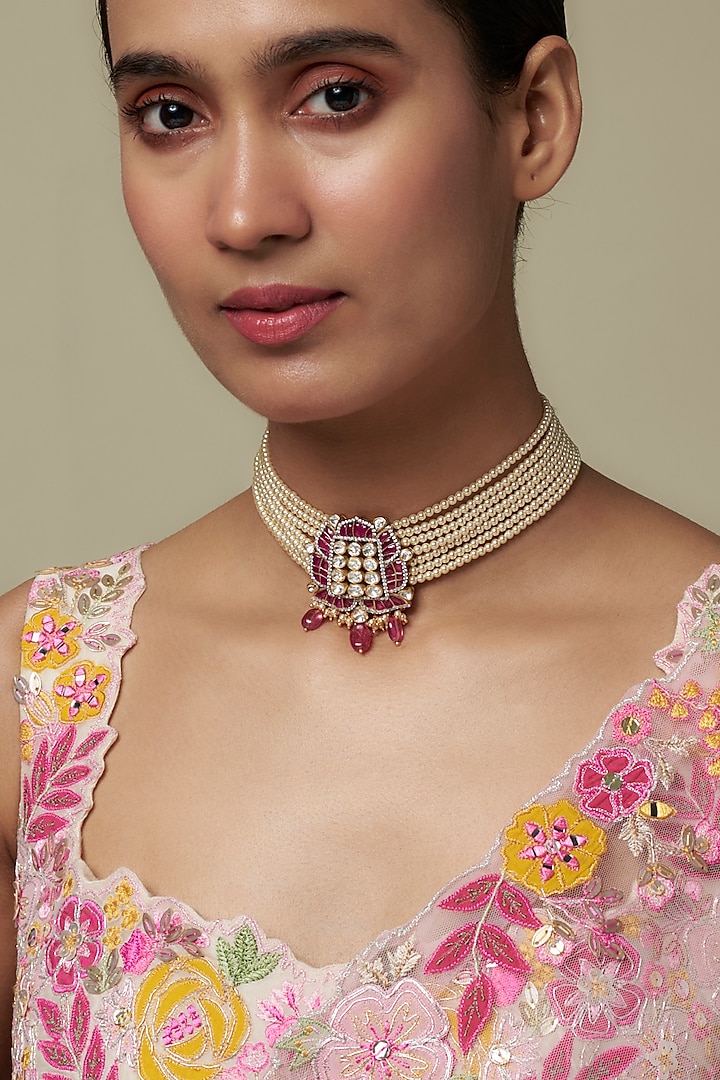 Gold Finish Moissanite Polki & Red Stone Choker Necklace In Sterling Silver by Hunar at Pernia's Pop Up Shop