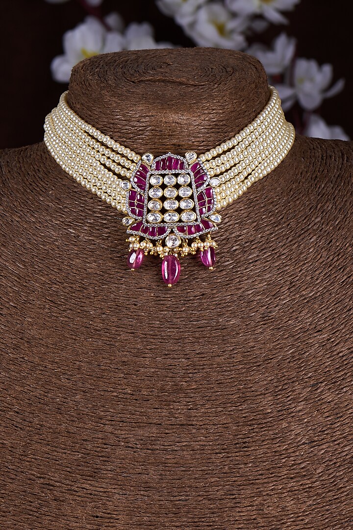 Gold Finish Moissanite Polki & Red Stone Choker Necklace In Sterling Silver by Hunar at Pernia's Pop Up Shop