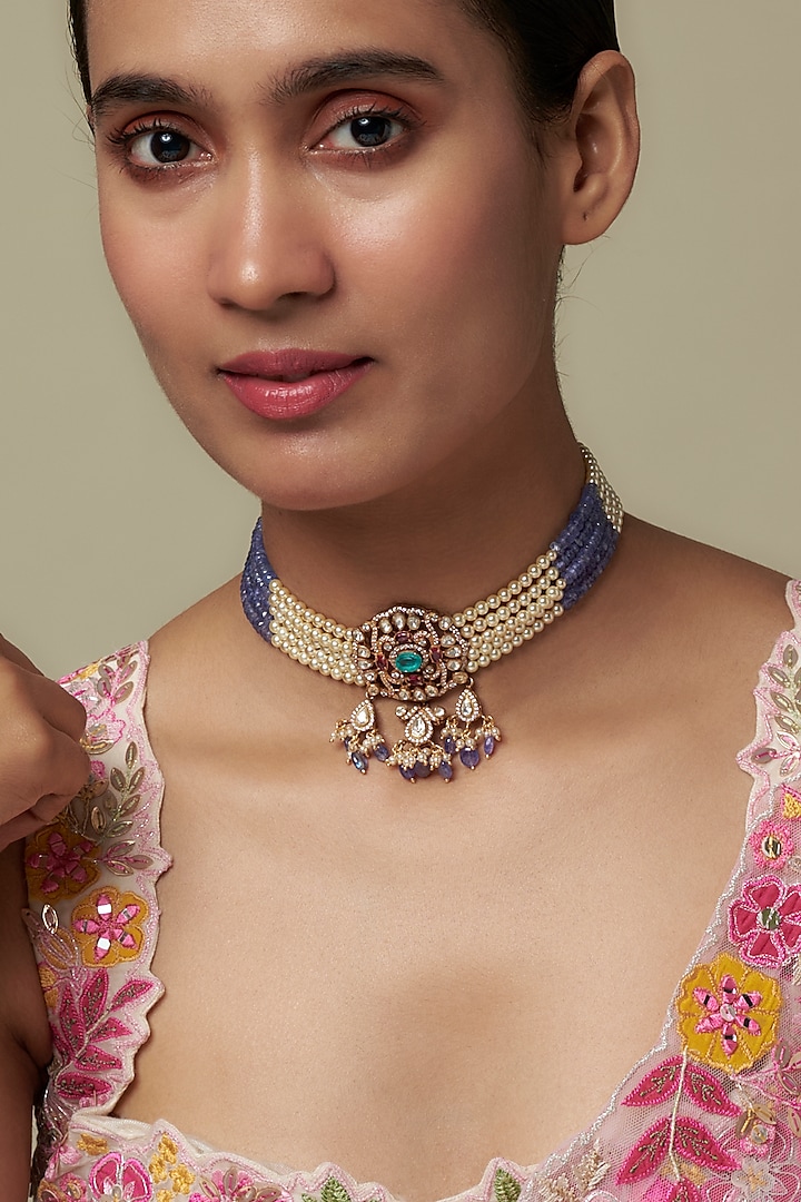 Gold Finish Moissanite Polki & Blue Stone Choker Necklace In Sterling Silver by Hunar at Pernia's Pop Up Shop