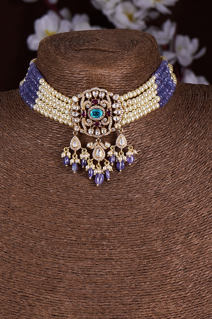 Gold Finish Moissanite Polki & Blue Stone Choker Necklace In Sterling Silver by Hunar at Pernia's Pop Up Shop