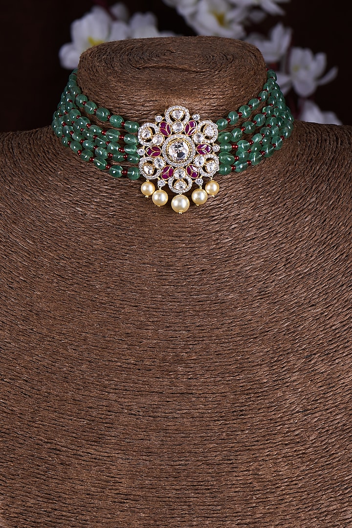 Gold Finish Moissanite Polki & Green Stone Choker Necklace In Sterling Silver by Hunar at Pernia's Pop Up Shop