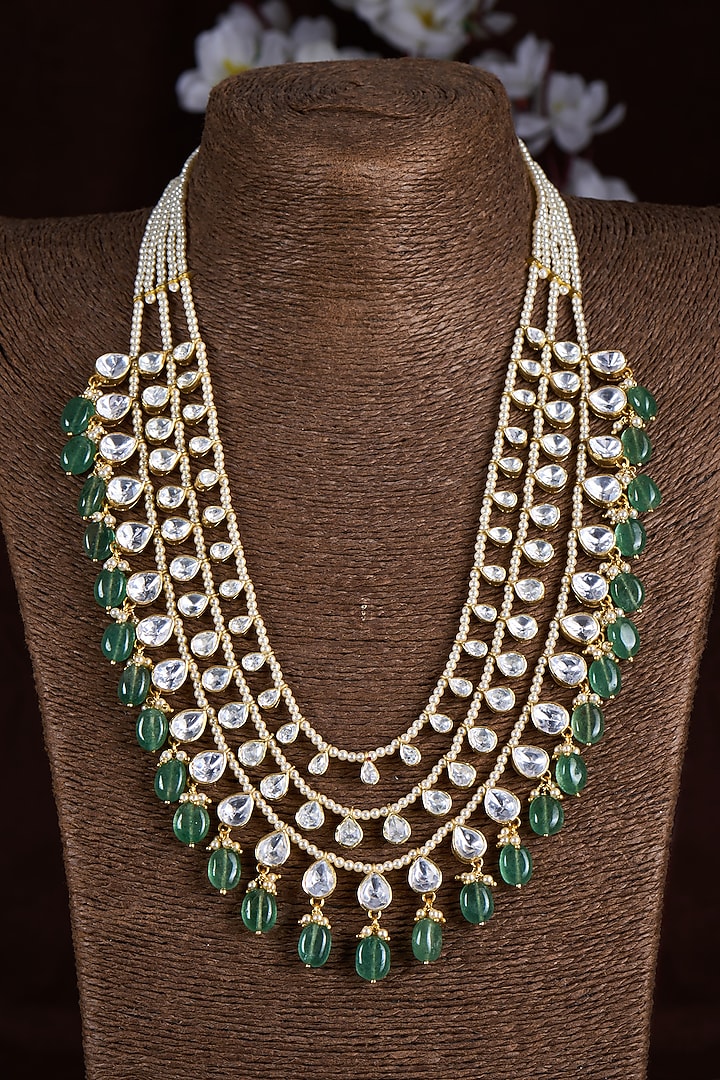 Gold Finish Moissanite Polki & Green Stone Long Necklace In Sterling Silver by Hunar at Pernia's Pop Up Shop