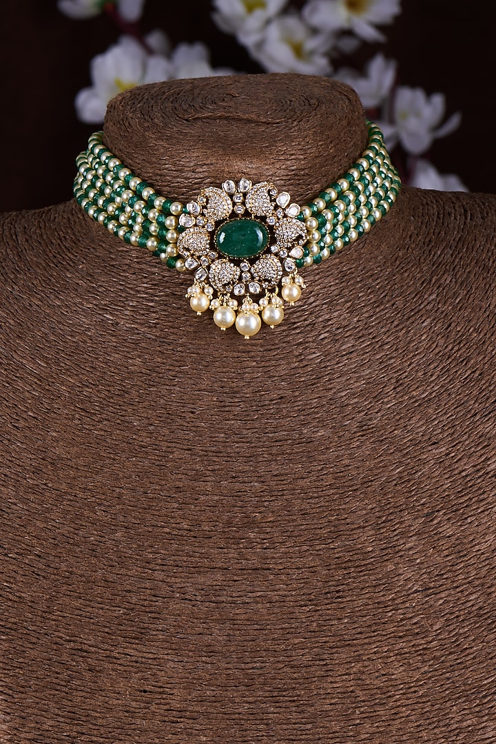 Gold Finish Moissanite Polki & Green Stone Choker Necklace In Sterling Silver by Hunar at Pernia's Pop Up Shop