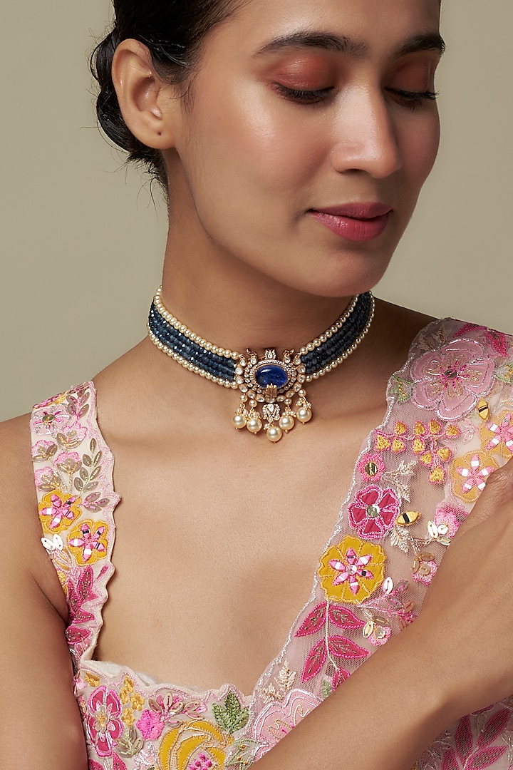 Gold Finish Moissanite Polki & Blue Stone Choker Necklace In Sterling Silver by Hunar at Pernia's Pop Up Shop