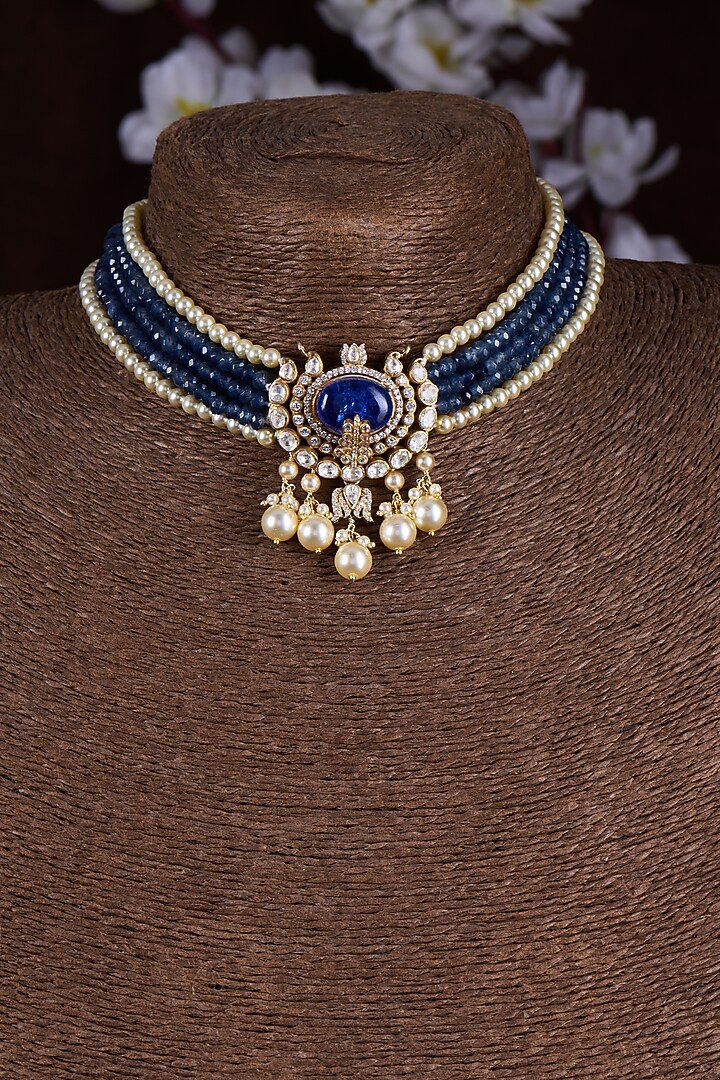 Gold Finish Moissanite Polki & Blue Stone Choker Necklace In Sterling Silver by Hunar at Pernia's Pop Up Shop